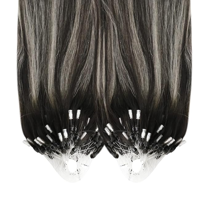 YoungSee Micro Loop Hair Extensions Real Human Hair Ombre Microlink Hair Extensions Balayage Black with Silver Microbead Hair Extension Human Hair Straight 24 Inch for Prom 50g 50s