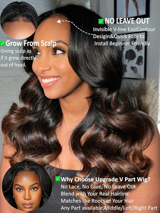 KLAIYI Ombre Brown V Part Body Wave Human Hair Upgrade U Part Wig with Dark Roots Glueless Chestnut Brown Clip in Half Wig No Glue No Leave Out Beginner Wigs for Women Ready To Wear and Go 150% 26Inch