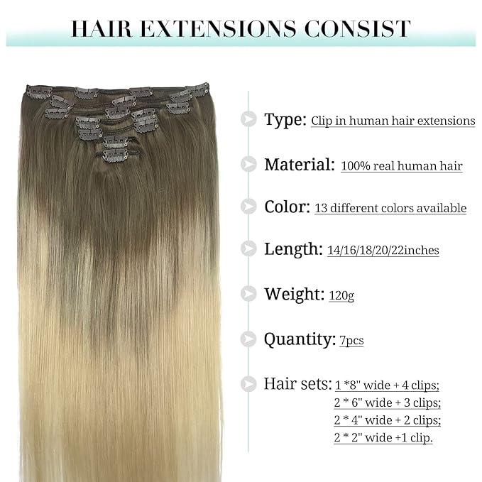 DOORES Human Hair Extensions, Ash Brown to Platinum Blonde 24 Inch 7pcs 120g, Remy Hair Extensions Clip in Human Hair Extensions For Women Clip in Natural Hair Extensions Thick Silky Straight