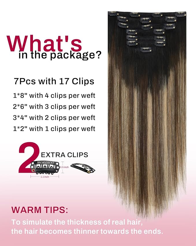 Moresoo Clip in Hair Extensions Ombre Black to Blonde with Brown Human Hair Clip in Extensions Real Human Hair Balayage Natural Black to Caramel Blonde with Brown for Women Full Head 120g/7pcs 16in