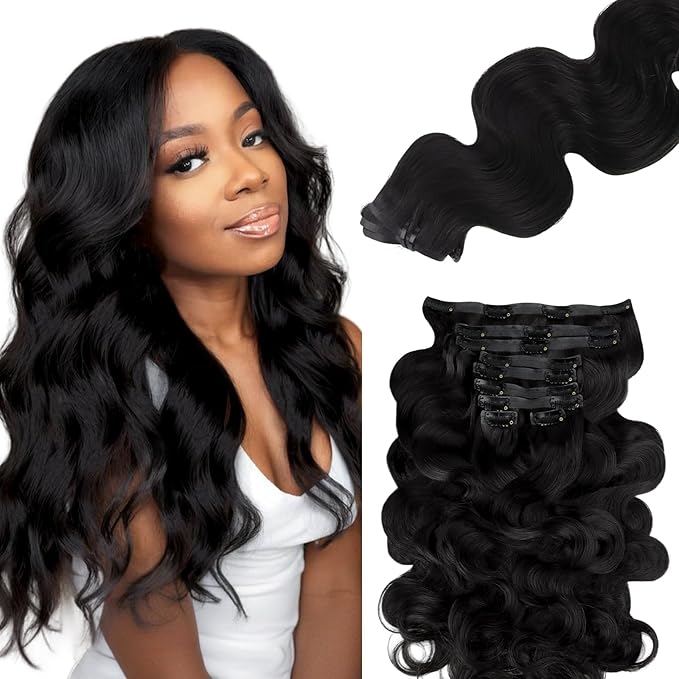 Lashey Seamless Clip in Hair Extensions Human Hair 130g 9pcs 14 Inch Body Wave #1 Jet Black Clip in Hair Extension for Women Natural Hair Extensions