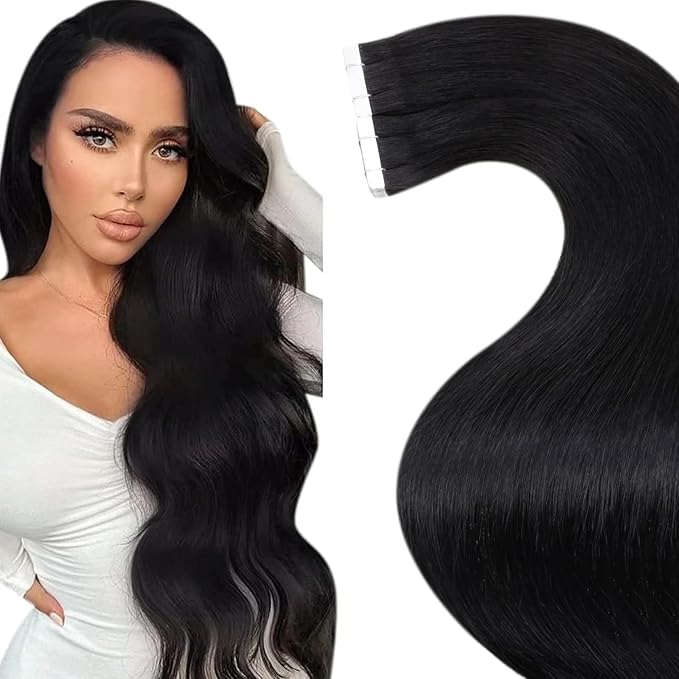 LaaVoo Tape in Hair Extensions Black Hair Extensions Tape in Human Hair Seamless Tape on Hair Extension Real Human Hair Soft Hair 26inch 65g 20pcs