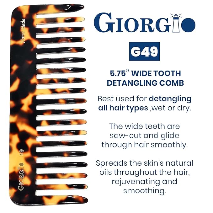 Giorgio G49 Yellow Tokio Large 5.75 Inch Hair Detangling Comb, Wide Teeth for Thick Hair. Detangler Comb For Wet And Dry. Handmade of Quality Cellulose. Saw-Cut, Hand Polished