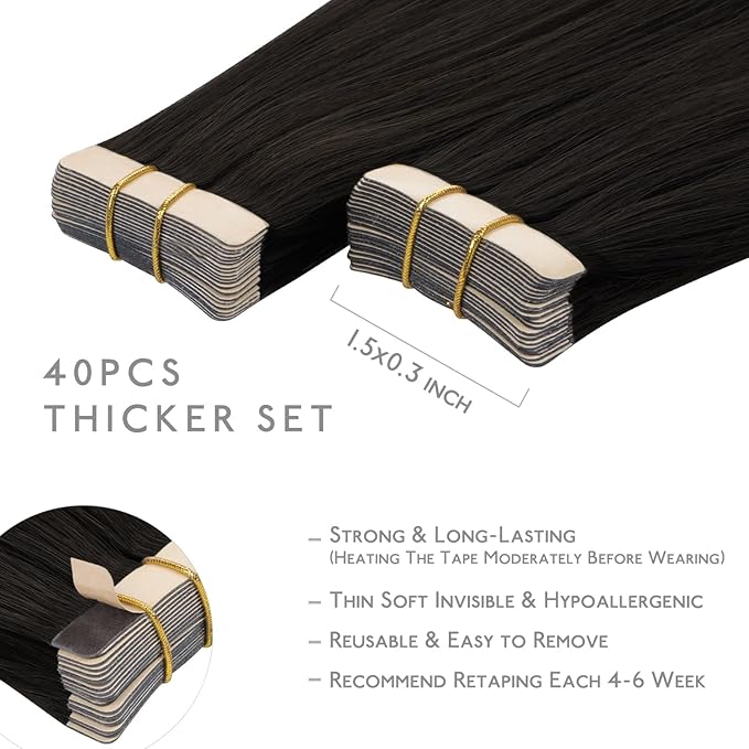 WENNALIFE Tape in Hair Extensions, 40pcs 60g 10 Inch Dark Brown Straight Human Hair, Invisible Reusable Real Extensions