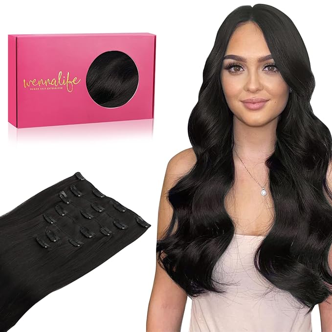 WENNALIFE Clip in Human Hair Extensions, 24 Inch 120g 7pcs Natural Black Hair Extensions Clip In Human Hair Remy Clip in Hair Extensions Real Human Hair Double Weft