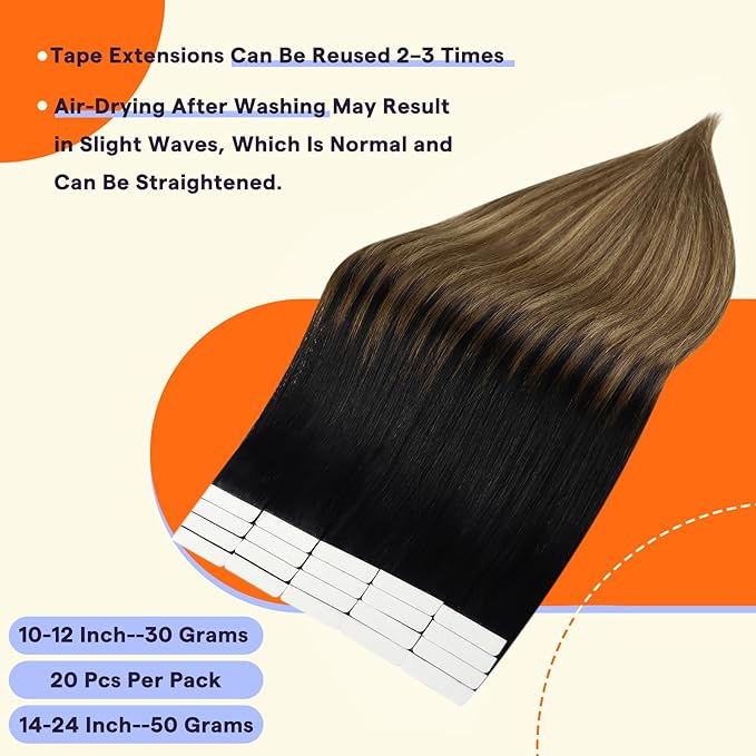 Full Shine Tape in Hair Extensions Color 1B Off Black Fading to 6 and 27 Honey Blonde 16 Inch Invisible Hair Extensions Real Human Hair Tape in 20PCS Seamless Remy Soft and Silky 50g for Party