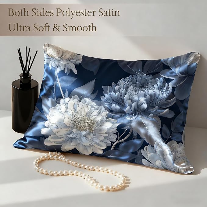Satin Pillowcase with Zipper for Hair and Skin White and Blue Petals and Leaves 1 Pack Soft Silk Pillow Case Standard Size Wrinkle-Free Smooth and Cooling Satin Pillow Cover 20”x26”
