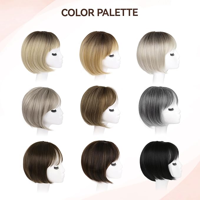 LEEONS Hair Toppers for Women with Bangs Short Bob Synthetic Pieces for Thinning Hair Side Part (Mixed Dark Brown)