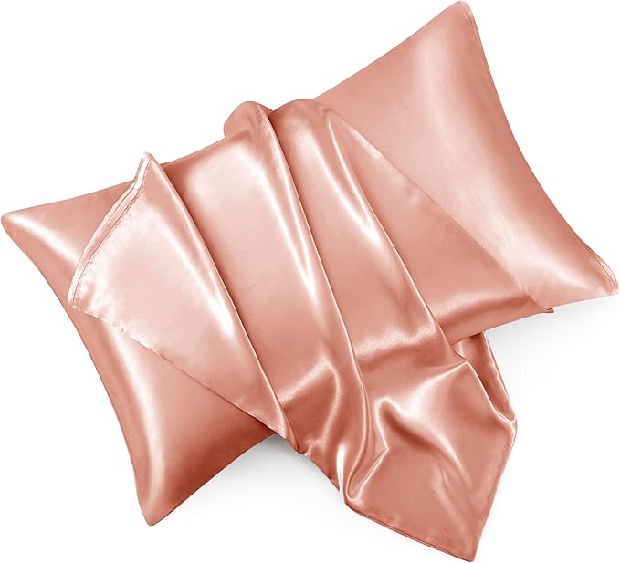 Rose Gold Satin Pillowcase Queen Size Set of 2 for Hair and Skin, Rose Gold Silk Pillowcase Breathable Pillowcase with Envelope Closure