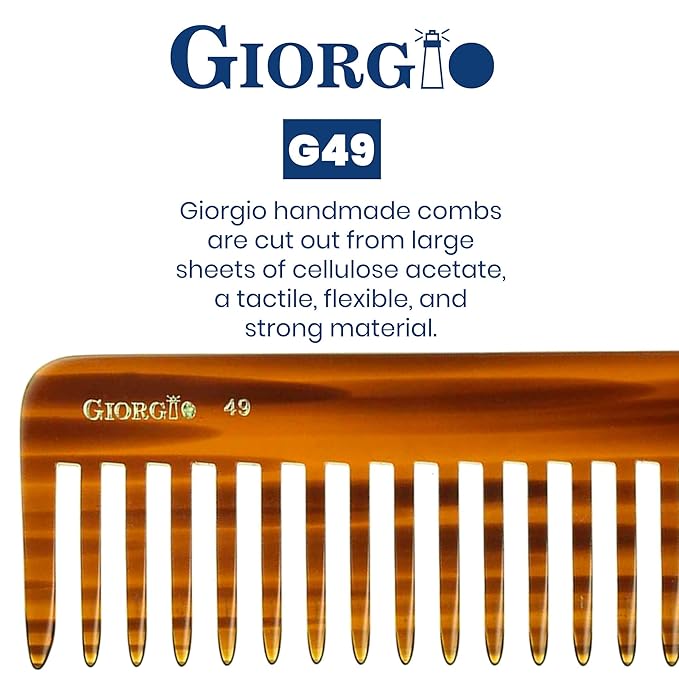 Giorgio G49 Large 5.75 Inch Detangling Comb, Wide Teeth for Thick Curly Wavy Hair. Long Hair Detangler Comb For Wet and Dry. Handmade of Quality Cellulose, Saw-Cut, Hand Polished, Tortoise Shell