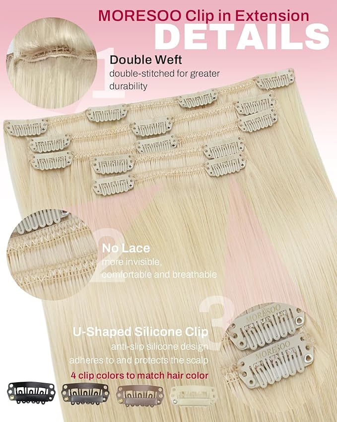 Moresoo Golden Platinum Blonde Human Hair Clip in Extensions Blonde Real Hair Extensions Clip in Human Hair Blond to Add Length for Women 80g/5pcss 22 inch