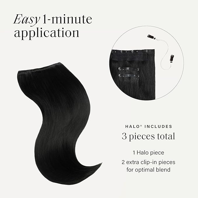 Luxy 100% Remy Human Hair – Halo Clip-In Hair Extensions –Natural Looking Volume & Length - One-Piece - Easy 5-Min Application 150 grams 12" Jet Black Halo