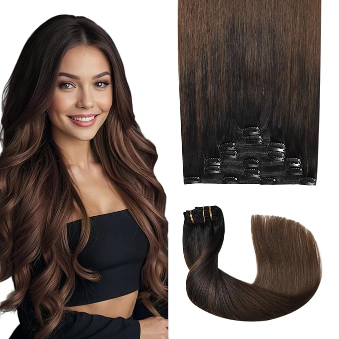 Pro2.0 Clip in Hair Extensions Real Human Hair 22inch 7pcs #1BT4 Natural Black Fading to Middle Brown Remy Real Hair Extensions Clip in Human Hair 120g（#1BT4-22inch）