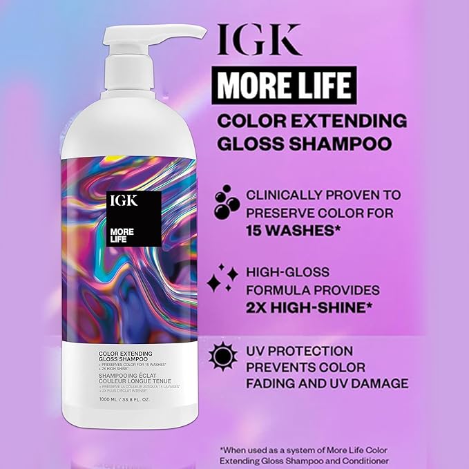 IGK MORE LIFE Color Extending Gloss Shampoo and Conditioner Set | Preserves Color Treated Hair | UV Protection | Vegan + Cruelty-Free | 1 Liter