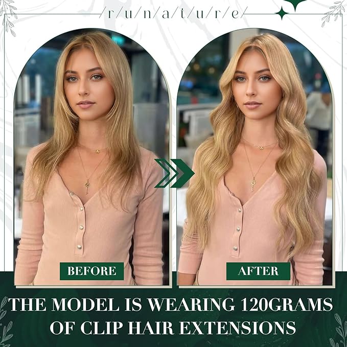 RUNATURE Blonde Clip in Hair Extensions, Real Hair Extensions Clip Ins, Remy Human Hair Clip in Extensions 18 Inch, Full Head Tangle Free Hair, 50g 3pcs #16P24 Golden Blonde Highlights
