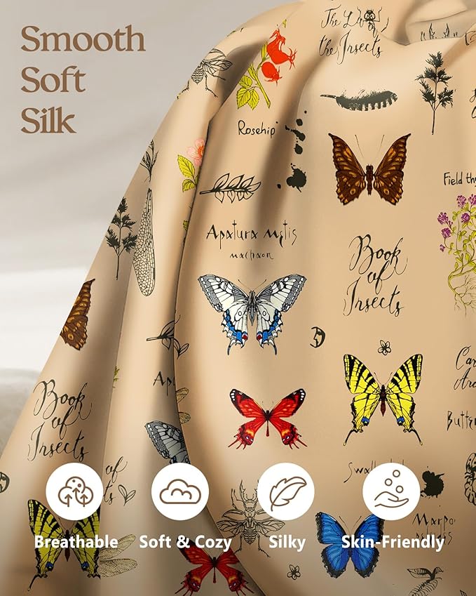 2 Pack Mulberry Silk Pillowcase for Hair and Skin - Standard Size 20 x 26 Inches with Hidden Zipper Plants Butterfly 19 Momme Soft Sleeping Silk Pillow Case for Women, Moms