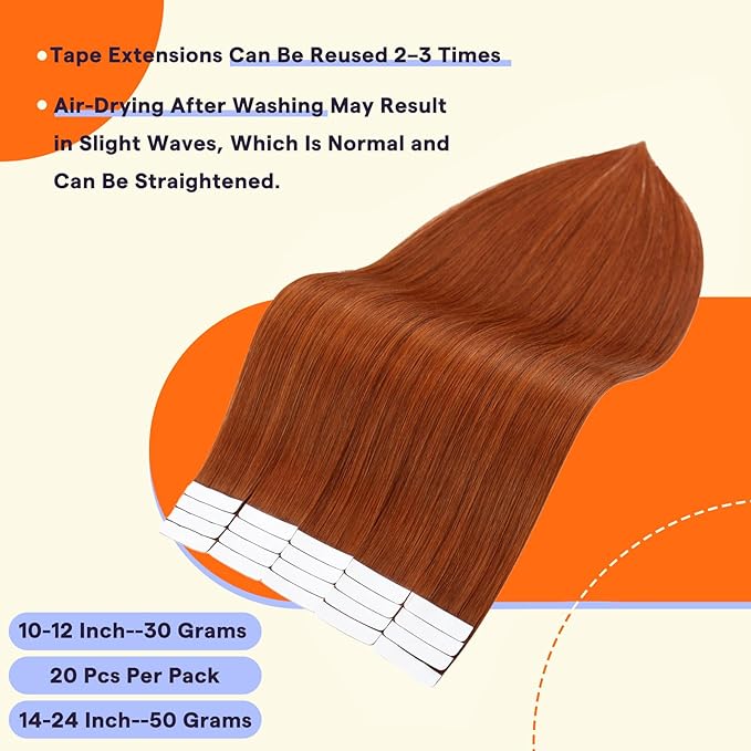 Full Shine Tape in Hair Extensions Human Hair Color 550 Copper 24 Inch Natural Straight Remy Human Hair Tape in Extensions 50Grams Invisible Seamless Skin Weft Real Hair 20PCS for Women