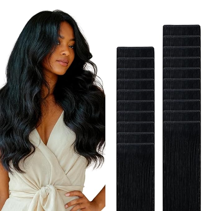 GOO GOO Genius Tape in Hair Extensions, Hand Tied Tape Weft, 1 Jet black, 14inch 50g 20pcs, Remy Human Hair, Seamless Invisible Tape, Natural Blend, Lightweight