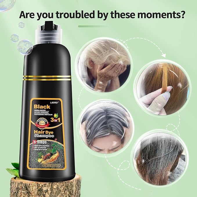 Leorx Black Hair Dye Shampoo, 16.9 Fl Oz - 3 In 1 Color For Gray Hair Instant Herbal Coloring For Women & Men - Ammonia Free