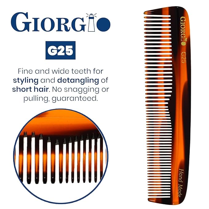 Giorgio G25 FineTooth and WideTooth Pocket Comb - Hair Styling Comb for Men and Women, Handmade Beard Combs for Men, Barber Combs, for Grooming,Saw Cut and Polished (Tortoiseshell)