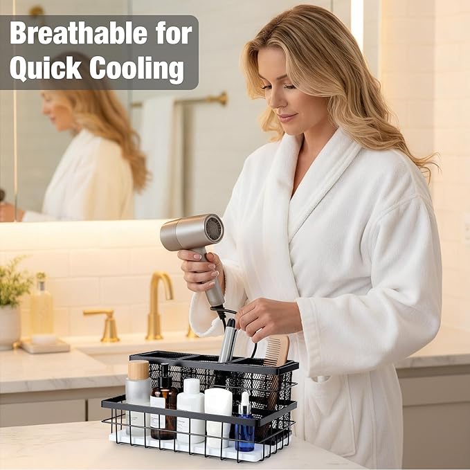 2 Pcs Hair Tool Organizer Countertop Breathable Metal & Bamboo Hot Tools Organizer Under Sink Bathroom Hair Dryer Holder Countertop Brush Comb Holder,makeup tray (White Bamboo,Black)