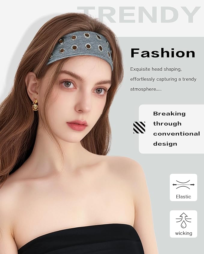 Grommet Headband for Women, Light Grey 23cm Hollow Out Elastic Hair Band, Eyelets Punk Grunge Stylish Hairband