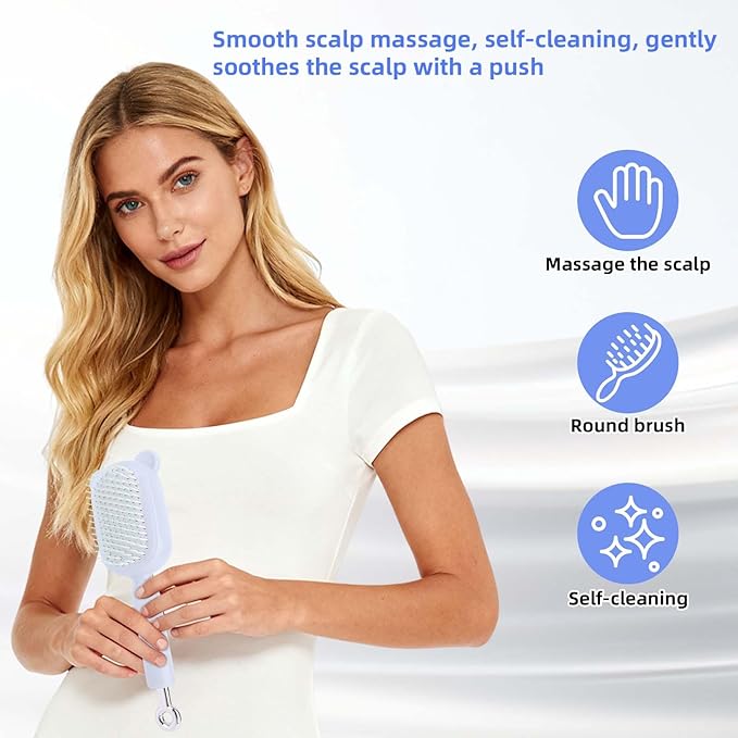 Retractable Air Cushion Massage Comb for Woman, Comfortable Self-Cleaning Detangling Hair Clean Brush with Pull Ring Anti-Static Comb for All Hair Types (Blue)