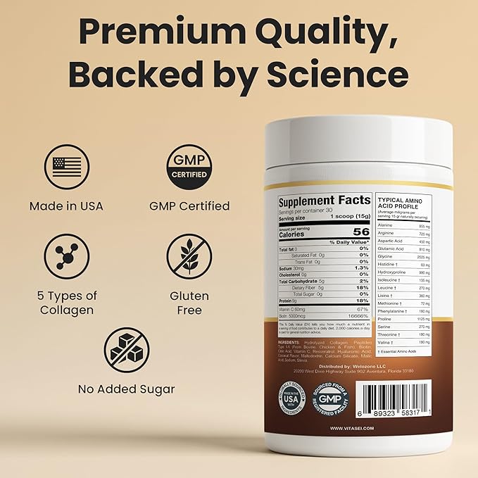 VITASEI Hydrolyzed Collagen Peptides Powder with Resveratrol & Vitamin C – Hair, Skin, Nails & Joint Support – Colágeno Hidrolizado for Women & Men – Delicious Chocolate Flavor, 16 oz (30 Servings)