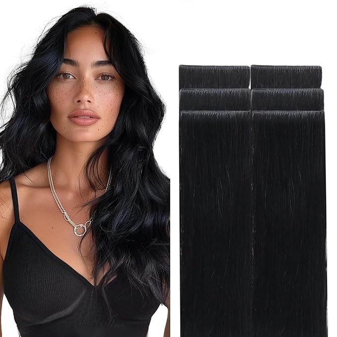 GOO GOO Invisi Edge Tape in Hair Extensions Human Hair, 1 Jet black, 6pcs 22inch 18g, Virgin Remy Hair, Seamless Injected Tape, Natural Look