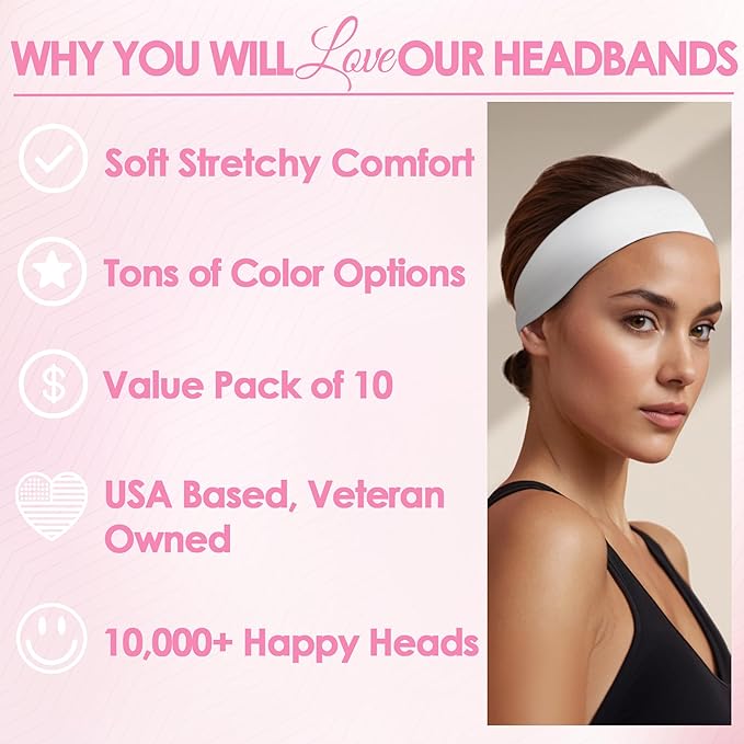 Styla Hair Headbands for Women Stretch Fashion Head Bands 10 Pack Non-Slip Head Wraps Great for Spa, Sports, Yoga, Pilates, Running, Gym Headband, Workouts (White)