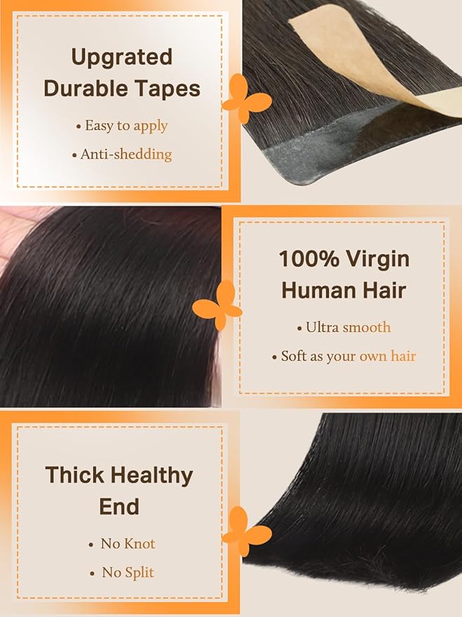 DOORES Tape in Human Hair Extensions, Natural Black 16 Inch 40pcs 100g, Real Hair Extensions Tape in Real Hair Glue in Extensions Skin Weft Silky Straight Hair for Women