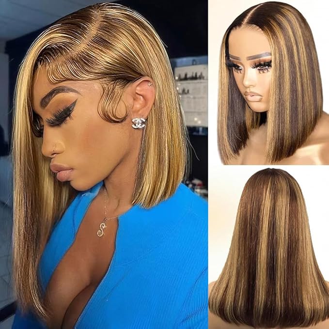 4/27 Ombre Highlight Bob Wig Human Hair 10 inch straight 427 bob wig 13x4 Highlight HD Lace Frontal Bob Wig Human Hair 180% Density Pre Plucked Ombre Short Bob Wigs for Black Women