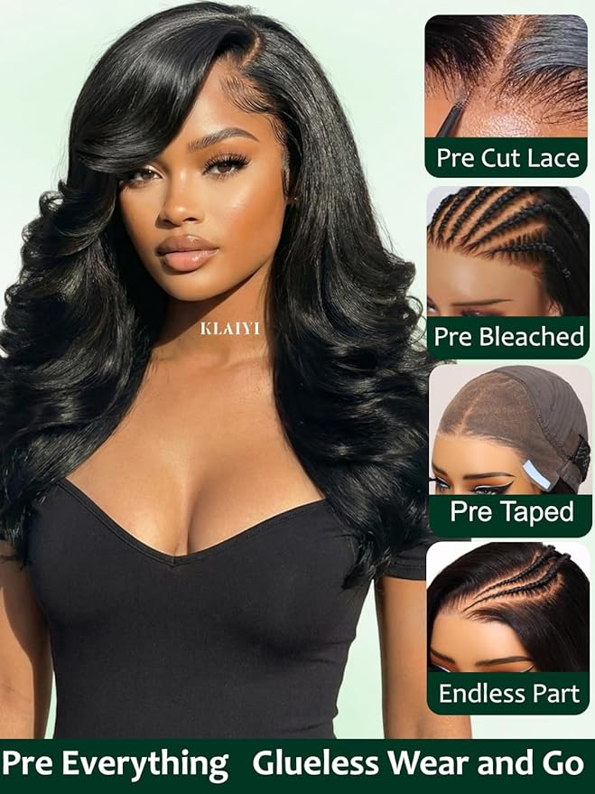 KLAIYI Pre Everything Glueless Layer Side Part Loose Body Wave 13x4 Lace Front Wigs Human Hair Drawstring Curtain Bangs Face framing Pre Bleached Knots Pre Plucked 3S Ready to Put On and Go Wig 26Inch