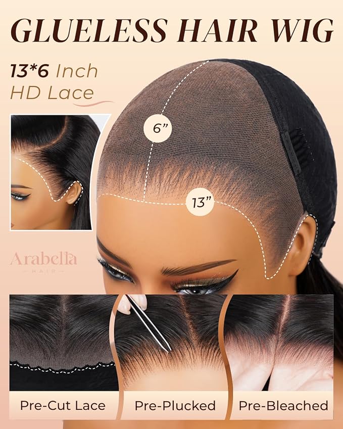 Arabella 13x6 Glueless Wigs Human Hair Pre Plucked Pre Cut Lace Upgraded Ear to Ear Full HD Lace Front Wigs Human Hair 210% Density Straight Wear and Go Glueless Wig Drawstring Wig Human Hair 26 Inch
