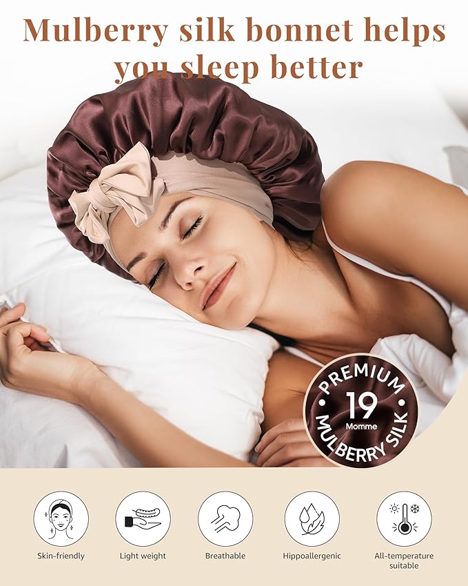 AWAYTR Silk Bonnet for Sleeping Women 100% Mulberry Silk Bonnet with Band 2 Layer Reversible Hair Bonnet Sleeping Hair Wrap (Dark Brown/Light Champagne)