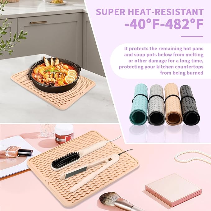 Oversize Silicone Heat Resistant Mat, Heat Mat with Velcro for Curling Iron, Travel Cover Cushion for Curling Irons, Hair Bands and Styling Tools(15.7" X 11.8") (Pink)