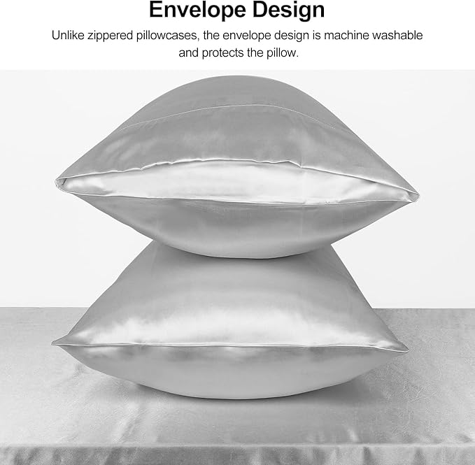 Lirex Satin Pillowcase for Hair and Skin, Super Soft and Cooling Similar to Silk, 2 Pack Standard Size 20"X 26" Pillow Cases with Envelope Closure, Gifts for Women Men, Light Gray