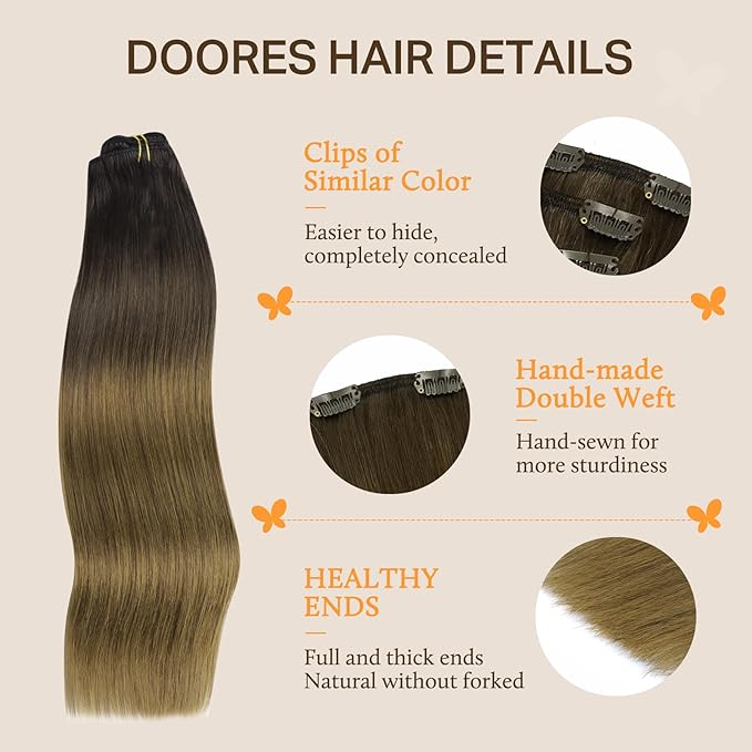 DOORES Clip in Hair Extensions Real Human Hair, Chocolate Dip Color Melt 24 Inch 7pcs 120g, Remy Hair Extensions for Women Straight Extensions Human Hair Natural Thick Hair