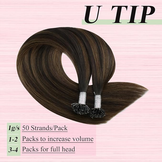 YoungSee U Tip Hair Extensions Brown Balayage U Tip Hair Extensions Human Hair Dark Brown Ombre Browns K-Tip Hair Extension Real Human Hair 24Inch Ktip Extensions for Long Hair 50s/50g