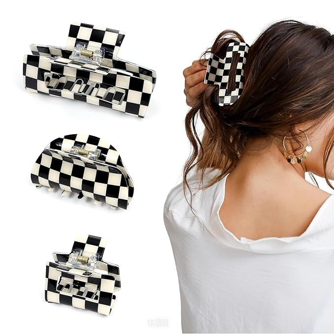 3 PCS Checkered Hair Claw Clips for Thick and Thin Hair Large Hair Clips Square Y2K Hair Checker Barrettes Black And White Checkered Jaw Clip Non Slip Checkerboard Clamps Hair Accessories for Women