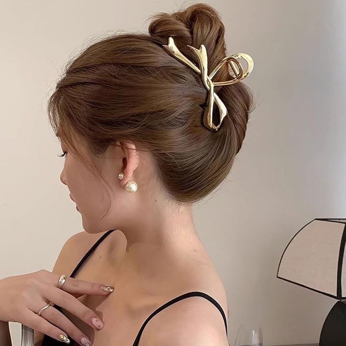Gold Ribbon Bow Hair Clips - Alloy Non-Slip Claw Clips with Strong Hold Grip for Thick, Thin Hair Accessories (1Pcs)