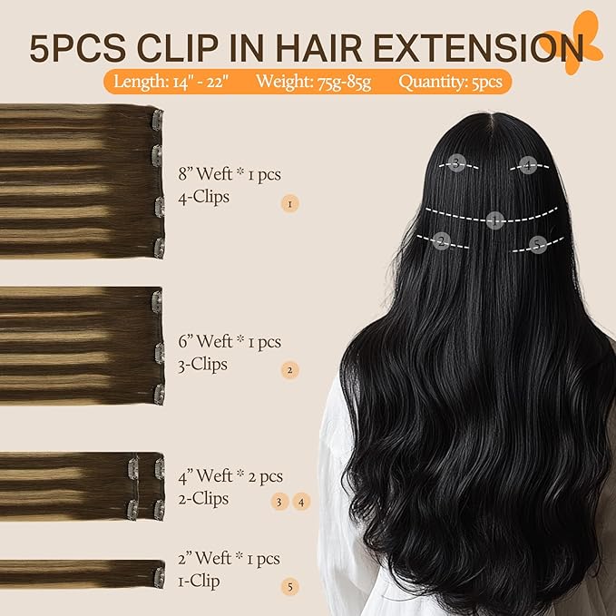 DOORES Hair Extensions Clip in Human Hair, 5pcs 80g Balayage Chocolate Brown to Caramel Blonde 18 Inch Clip in Hair Extensions Natural Straight