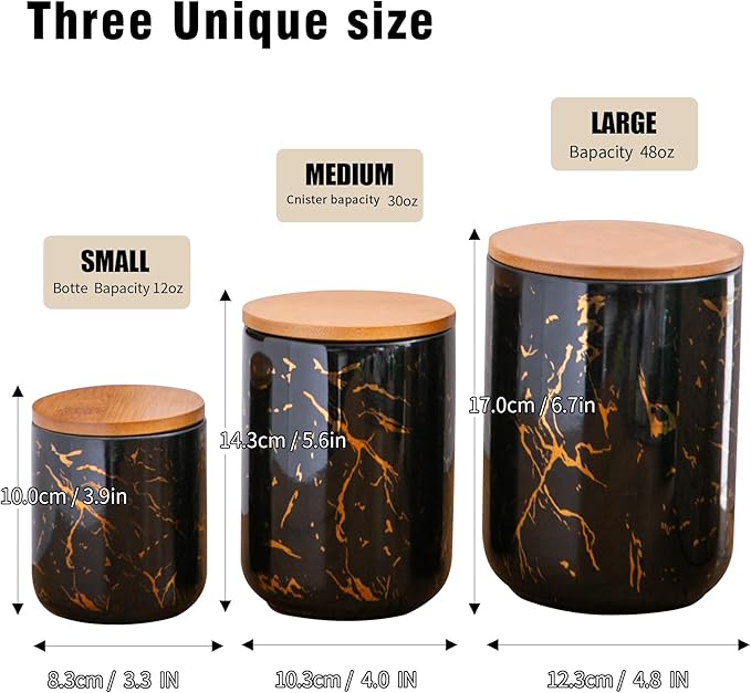 Black Ceramic Canister Set with Wooden Lid, 3-Piece Food Storage Jars for Kitchen Counter, Storage Container for Sugar, Coffee, Tea, Spice