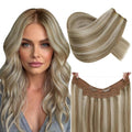 RUNATURE Wire Human Hair Extensions, Blonde Highlight Fish Line Hair Extensions Real Human Hair, Smooth Remy Hair for Women, One Piece Clip in Wire Hair Extensions 18 Inch 80g #8P24