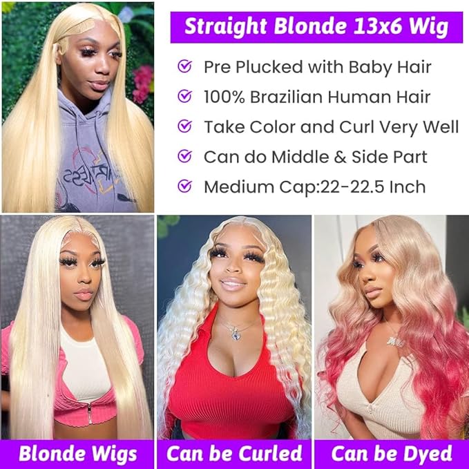 613 13x6 Lace Front Wig Human Hair Pre Plucked Straight Blonde Human Hair Lace Front Wigs 613 HD Lace Frontal Wig Blonde Wigs for Black Women 180% Density 28 Inch