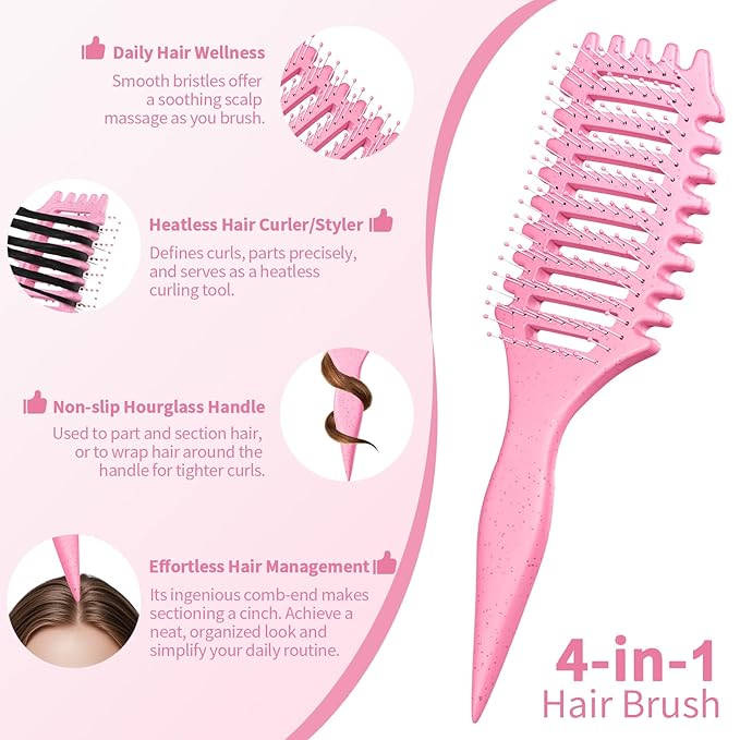 Curl Defining Brush, 4-in-1 Curly Hair Brush – Flexible Styling Brushes for Women and Men, Curls Detangling Hairbrush Featuring a Crescent Shape and Ultra-Smooth Bristles for Wet & Dry Hair - Pink
