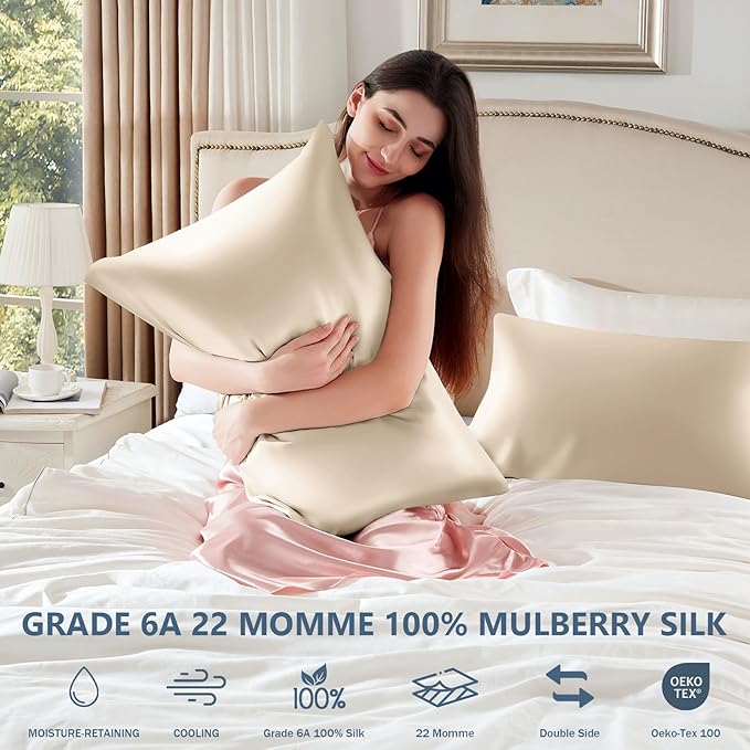 Silk Pillow Cases 2 Pack King Size Mulberry Silk Pillowcase Set of 2 for Hair & Skin 36 x 20 Inches 22 Momme Both Sided Grade 6A Silk Soft Breathable Cooling with Hidden Zipper, Beige