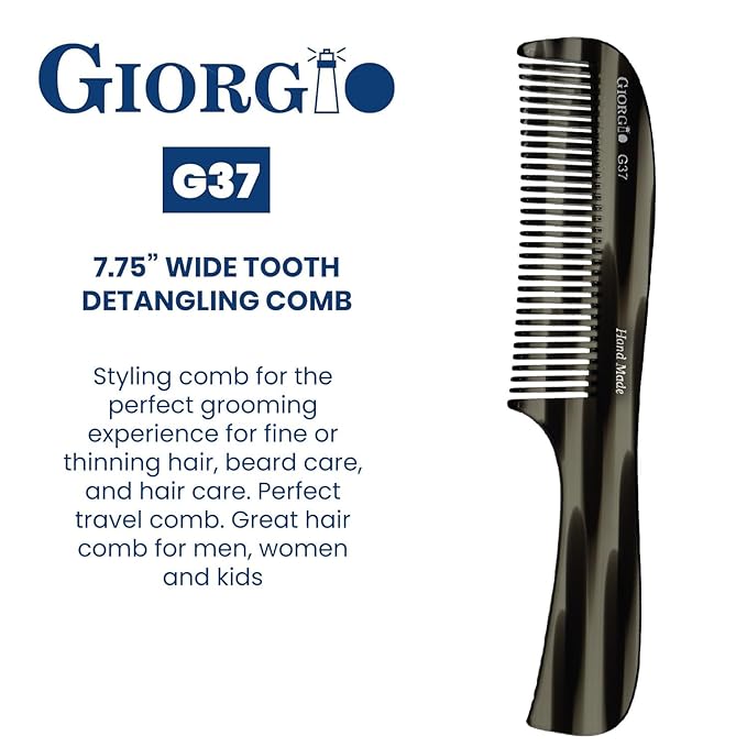 Giorgio G37 Large Coarse Detangler Comb, Wide Teeth for Thick, Curly, or Wavy Hair – For Wet and Dry Use, Handmade Rake Saw-Cut from Polished Cellulose (Black Graphite)