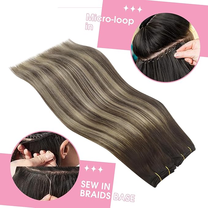 YoungSee Human Hair Sew in Extensions Balayage Double Weft Human Hair Extensions Chocolate Brown with Ash Blonde Balayage Sew in Bundles Human Hair 16Inch 100G