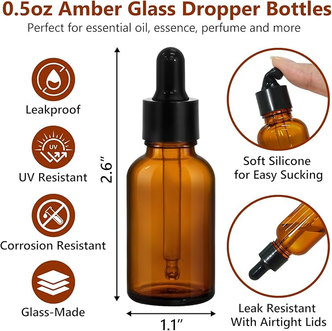 KEYWING 50 Pack 1/2oz Eye Dropper Bottles – 15ml Leakproof Amber Glass Bottles for Essential Oils, Tinctures, Hair Oils, Travel Liquids